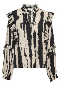 Blusa a righe beige e nera con maniche a volant, colletto alto e chiusura a cravatta sullo scollo. Tessuto morbido con un motivo testurizzato.