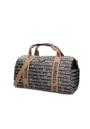 Black and brown cylindrical duffel bag with Gian Marco Venturi text print and dual tan handles, including a shoulder strap.