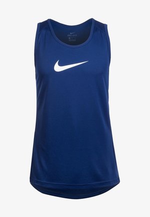Débardeur sportif bleu Nike Dri-FIT sans manches avec logo swoosh blanc centré sur la poitrine.