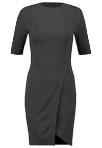 Short-sleeve, gray dress made of soft, stretch fabric. Fitted design with a wrapped front and a side slit for added detail.