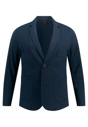Navyblaues Blazer aus strukturiertem Stoff, mit einem Knopf, Reverskragen und zwei Vordertaschen. Einfaches, tailliertes Design.