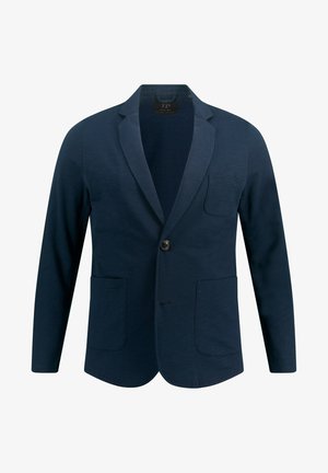 Navyblaues Blazer aus strukturiertem Stoff, mit einem Knopf, Reverskragen und zwei Vordertaschen. Einfaches, tailliertes Design.