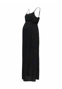 Robe de maternité maxi noire avec bretelles spaghetti ajustables, corsage ajusté et tissu fluide, conçue pour le confort et la facilité.
