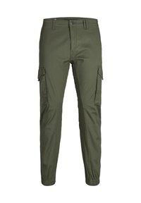 Pantalon cargo slim fit vert olive pour homme avec poches latérales à rabat, chevilles élastiquées, passants pour ceinture et fermeture à boutons devant.