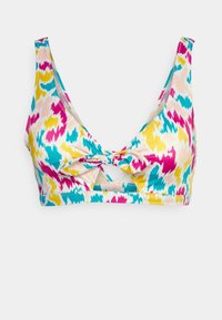 Top de bikini colorido com um padrão abstrato vibrante em rosa, amarelo e azul, com um detalhe de nó ao centro e um corte triangular.