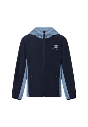 Marineblauwe en lichtblauwe capuchonjas met ritssluiting, elastische manchetten en Champion-logo op de linkerborst, met twee ritssluitingzakken aan de voorkant.
