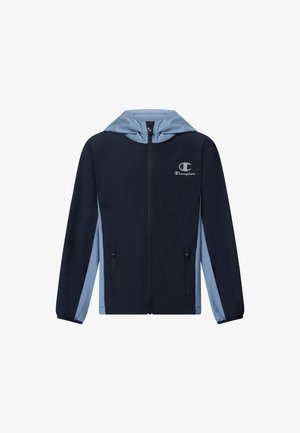 Marineblauwe en lichtblauwe capuchonjas met ritssluiting, elastische manchetten en Champion-logo op de linkerborst, met twee ritssluitingzakken aan de voorkant.