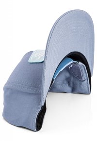 Blue cap with a structured brim, featuring an embroidered patch and a soft fabric texture. Black underside, angled with an internal clasp.