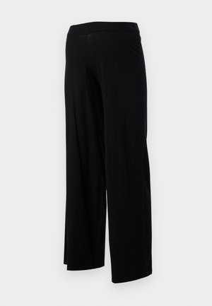 Pantaloni neri a gamba larga con vita elasticizzata e una texture liscia e elastica. Presentano un design semplice, senza fantasie o decorazioni.