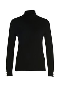 Fekete garbó pulóver bordázott anyagból, hosszú ujjakkal. Gombdíszek találhatók a mandzsettákon, és karcsú fazonú.