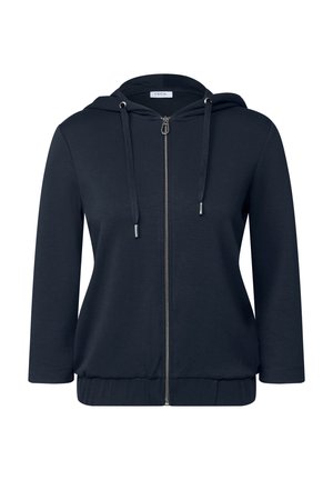 Navy zip-up hoodie made of soft fabric, featuring a drawstring hood, long sleeves, and ribbed waistband for a snug fit.