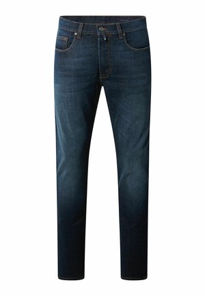 Donkerblauwe jeans met een rechte pijp, voorzien van een vijf-pocket stijl, zichtbare stikken en een knoopsluiting aan de voorkant.
