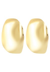 Pendientes en tono dorado con una forma orgánica y pulida. Superficie lisa; acabado reflectante sin patrones visibles ni detalles de hardware.