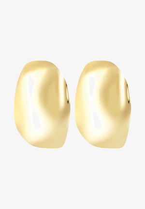 Pendientes en tono dorado con una forma orgánica y pulida. Superficie lisa; acabado reflectante sin patrones visibles ni detalles de hardware.
