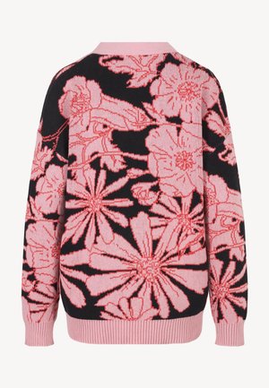 Czarny sweter z dzianiny z różowym kwiatowym wzorem. Długie rękawy, prążkowane różowe mankiety i dół. Teksturowana tkanina z wyraźnymi kwiatowymi detalami.