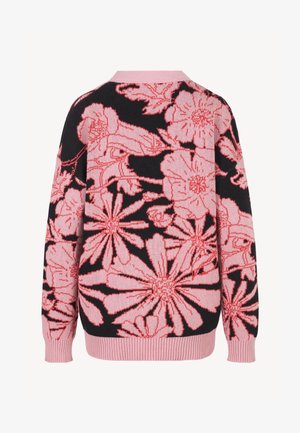 Gebreide zwarte trui met roze bloemmotief. Lange mouwen, geribbelde roze manchetten en zoom. Gestructureerde stof met opvallende bloemendetails.