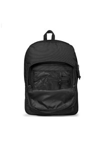 Sac à dos en tissu noir avec un compartiment principal zippé, des poches en mesh et une poche avant plate. Il dispose d'une poignée supérieure pour le transport.