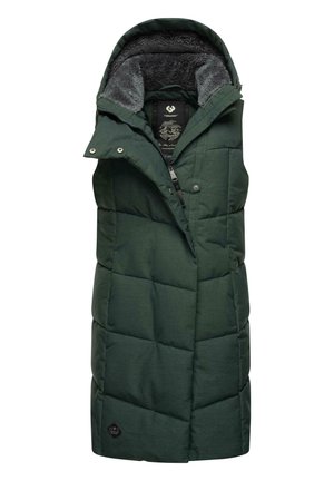 Green padded vest with a high neck, zip closure, and grey fleece lining. Features quilted texture and logo at the hem. No sleeves.