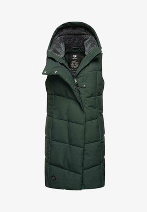 Gilet rembourré vert avec un col haut, fermeture éclair et doublure en polaire grise. Présente une texture matelassée et un logo en bas. Sans manches.