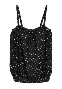 Haut en tissu noir à pois blancs, avec des bretelles fines et réglables, un ourlet élastiqué et un design ample et drapé.