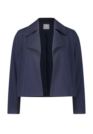 Marineblå cropped jakke med bredt revers og skræddersyet snit. Lavet af et glat, tekstureret stof med lange ærmer og åbent frontdesign.