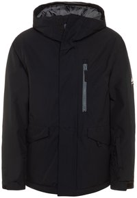 Giacca isolante nera con cappuccio, cerniera frontale e molteplici tasche, caratterizzata da una texture liscia e da dettagli in grigio sobrio.