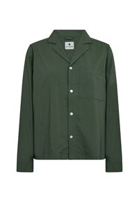 Grøn, struktureret skjorte med krave, enkelt brystlomme og hvide knapper. Langærmet med en afslappet pasform.