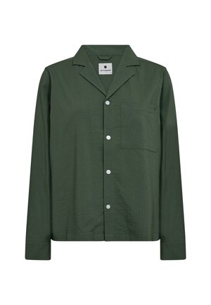 Grøn, struktureret skjorte med krave, enkelt brystlomme og hvide knapper. Langærmet med en afslappet pasform.