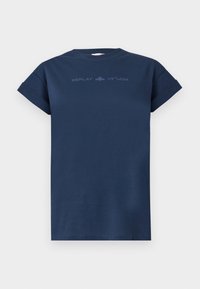 Marineblaue kurzärmelige T-Shirt mit umgeschlagenen Ärmeln und dezentem, spiegelverkehrtem "REPLAY"-Text über der Brust.