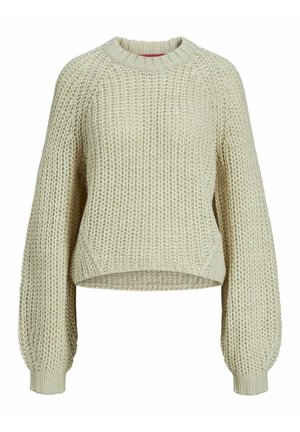 Chunky strikkegenser i lys beige. Har rund hals, raglanermer og en cropped hem. Teksturert stoff med løs passform.