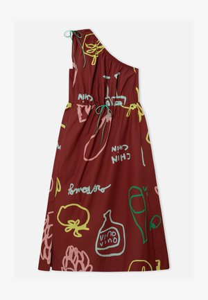 Abito monospalla color granata con motivi astratti colorati, caratterizzato da accenti verdi e gialli e da un coulisse in vita elasticizzata.