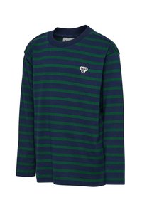 Långärmad t-shirt i marinblått med gröna horisontella ränder. Har en rund hals och en liten vit logotyp på bröstet. Mjuk tygtextur.