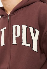 Felpa con zip marrone con lettering bianco in tessuto peloso "PLY". Il tessuto ha un aspetto morbido, con una finitura liscia e hardware minimi.