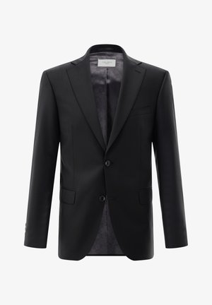 Schwarze Herrenanzugjacke mit zwei Knöpfen, gekerbtem Revers, vorderen Pattentaschen und gemustertem Innenfutter, auf weißem Hintergrund dargestellt.