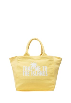 Borsa tote in tessuto gialla con due manici e testo bianco con la scritta "TAKE ME TO THE ISLANDS" con grafica di palma.
