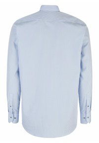 Lichtblauw overhemd met lange mouwen, voorzien van een klein ruitpatroon, een button-down kraag en afgeronde manchet met metalen knopen. Soepele katoenen stof.