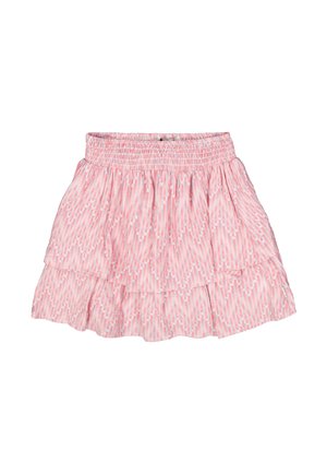 Roze gelaagde rok met een subtiel streeppatroon, elastische tailleband en gerafelde textuur. Lichtgewicht stof met een speels ontwerp.