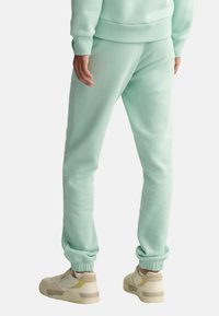 Persoon in muntgroene joggers en crèmekleurige sneakers, staand met de handen ontspannen langs de zij, getoond vanaf de taille naar beneden, achteraanzicht.