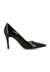 Scarpa con tacco alto in pelle verniciata nera, punta affusolata e tacco a stiletto di 10 cm. Caratterizzata da una finitura lucida e un design minimale.