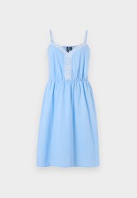Light blue cotton summer dress with adjustable spaghetti straps, a V-neckline, and white lace detailing down the front, gathered at the waist.