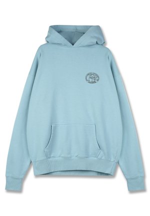 Lichtblauwe hoodie gemaakt van zachte stof, met een kangoeroezak, ribgebreide boorden en zoom, en een klein grafisch logo op de borst.