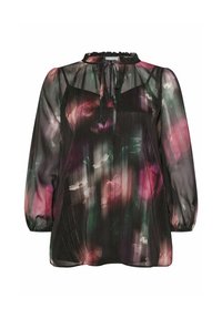Blusa nera trasparente con scollo a volant, maniche lunghe e motivi floreali astratti colorati in rosa, verde e bianco. Tessuto leggero.