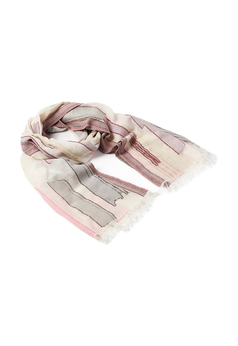 Sciarpa leggera realizzata in morbido tessuto, caratterizzata da strisce astratte verticali nelle tonalità di rosa, grigio e beige, con bordi sfilacciati.