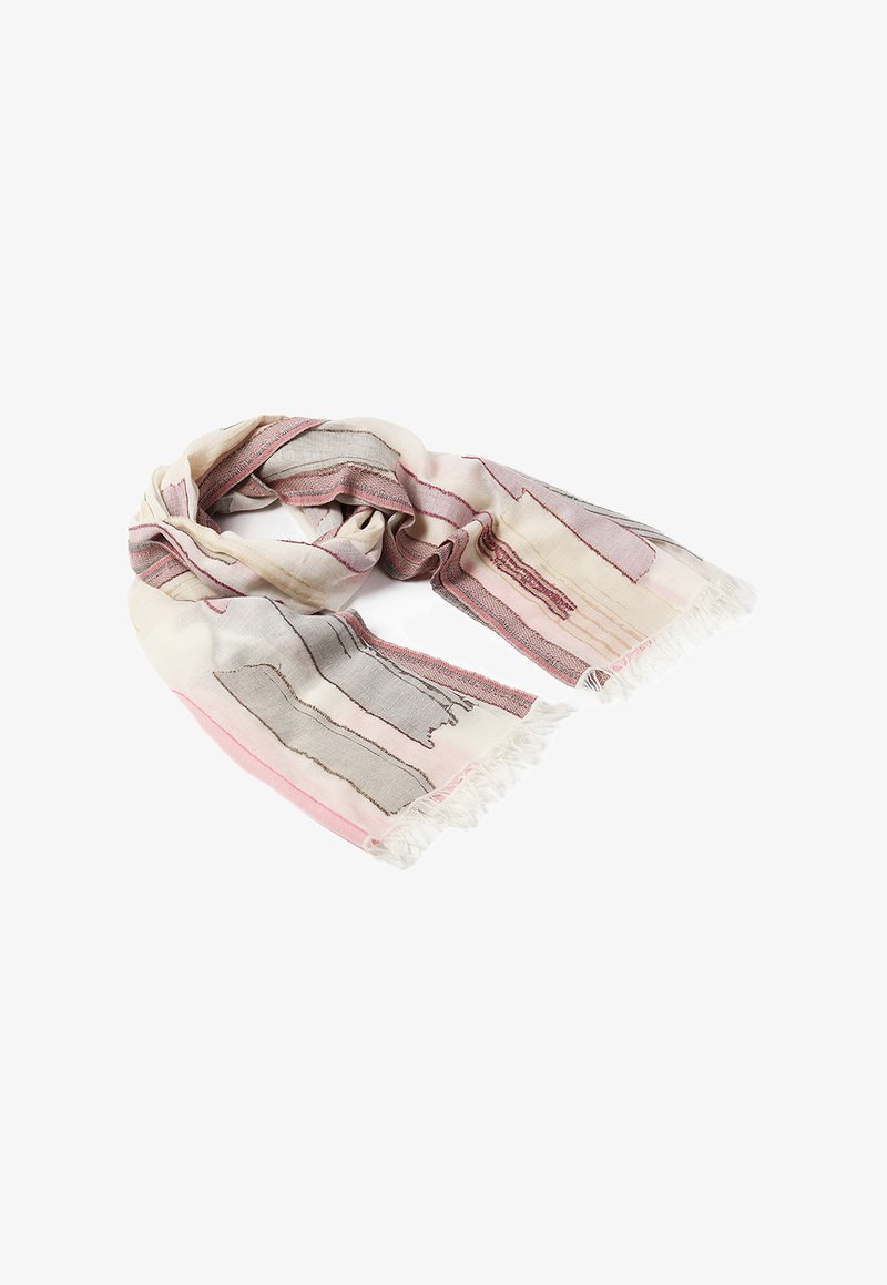 Lettskarf lavet af blødt materiale med lodrette abstrakte striber i nuancer af pink, grå og beige, med flossede kanter.