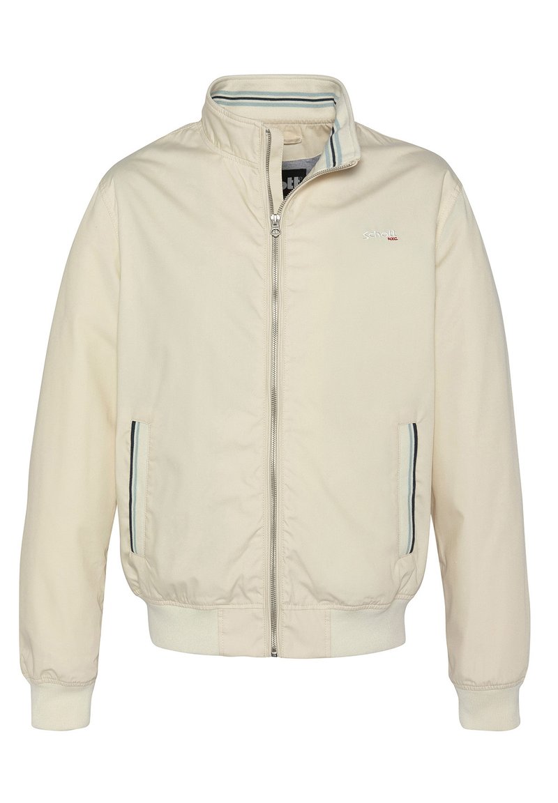 Veste bomber beige clair avec un col haut, fermeture éclair et poignets côtelés. Avec des rayures bleues en accents sur les poches avant. Texture de tissu lisse.