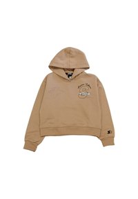 Felpa corta marrone con tasca frontale, cappuccio con cordino, logo stampato e dettagli testuali. Realizzata in morbido tessuto misto cotone.