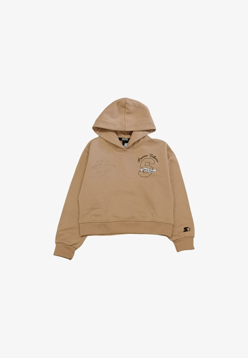 Felpa corta marrone con tasca frontale, cappuccio con cordino, logo stampato e dettagli testuali. Realizzata in morbido tessuto misto cotone.