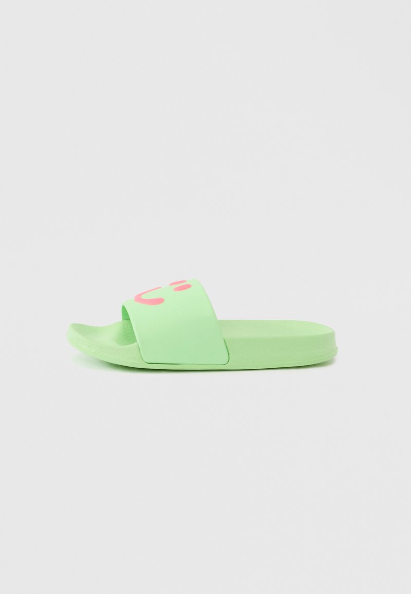 Light green slide sandal with a wide strap featuring pink accents, made from smooth synthetic material with a flat, cushioned sole.