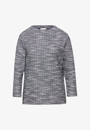 Harmaa ja valkoinen teksturoitu pitkähihainen paita, jossa on leveä kaula-auko, rento malli ja yksinkertainen, siisti muotoilu.