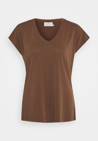 Brown V-neck T-shirt with short cap sleeves, made from smooth fabric. Features a relaxed fit and clean hem details.